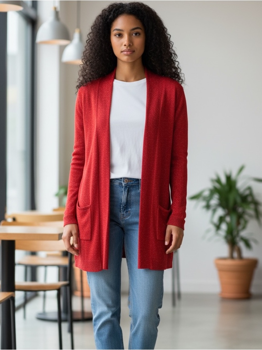 Habitat Red Linen‎ Cotton Textured Open Front Pockets Cardigan